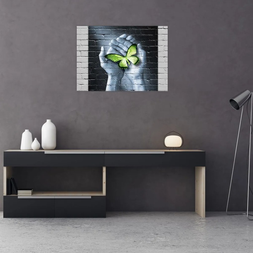 Tablou pe sticlă - Fluture verde în perete (70x50 cm)