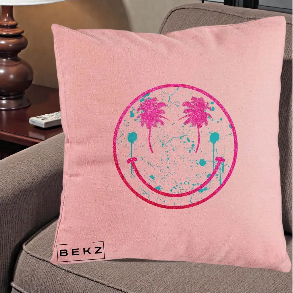 Perna Decorativa Smiley Face Tropical Glitter Roz, 40x40 cm, Roz, Husa Detasabila, Perna Inclusa, BEKZ®