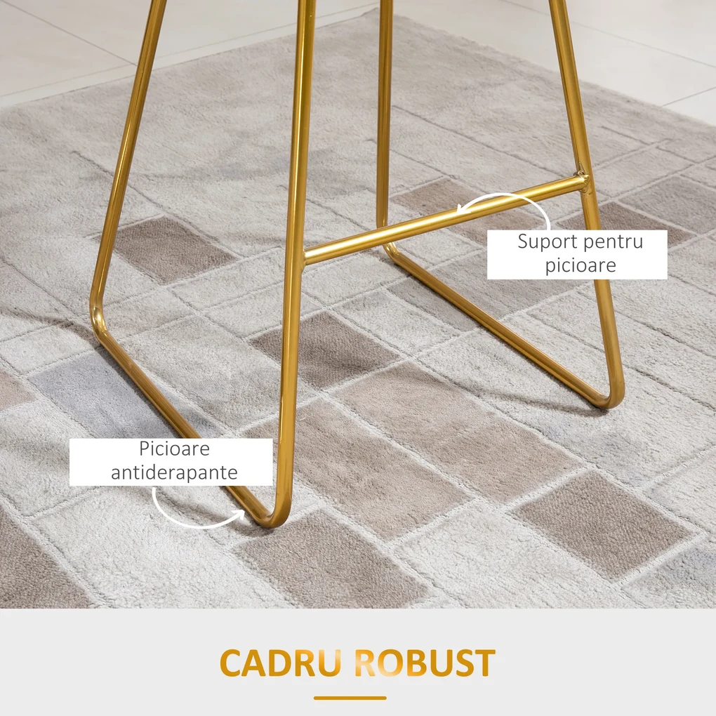 HOMCOM Set 2 Scaune Bar Înalte, Design Modern, Pernă Catifea, Poliester și Metal, Negru și Auriu, Confortabil | Aosom Romania