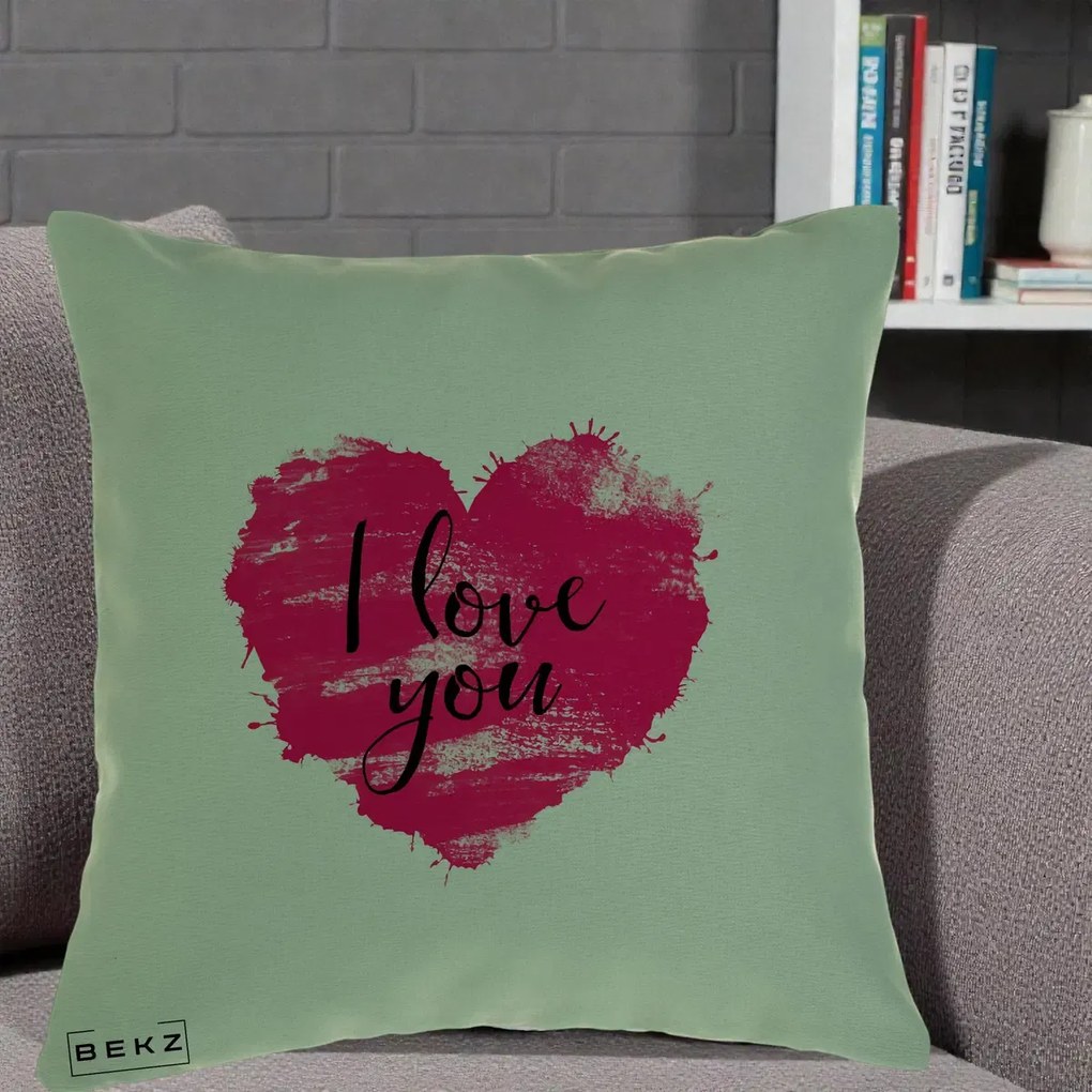 Cadou Romantic - Perna Personalizata I Love You Inima Roz, 40x40 cm, Verde, Husa Detasabila, Perna Inclusa, BEKZ®