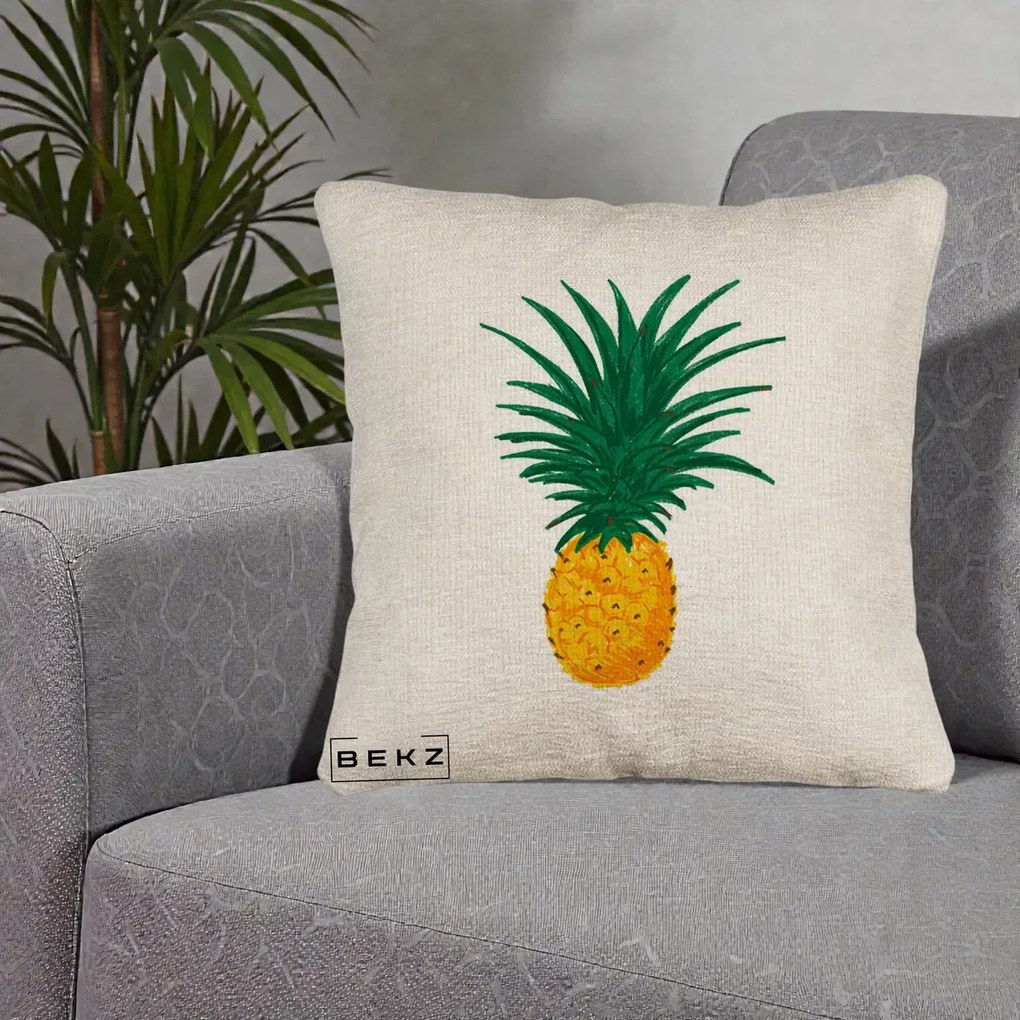Perna Decorativa Ananas Tropical, 40x40 cm, Bej Canapea, Husa Detasabila, Perna Inclusa, BEKZ®