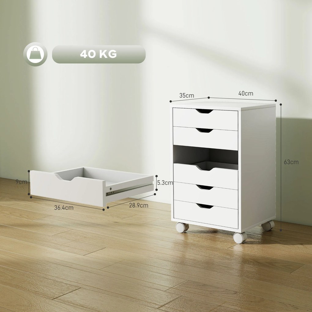 HOMCOM Sertar de Birou cu 6 Sertare Soft Close, 4 Roți, Sertar de Birou pentru Scrisori/Format A4, Dulap Vertical pentru Studio Imprimantă, 40x35x63 cm, Alb | Aosom Romania