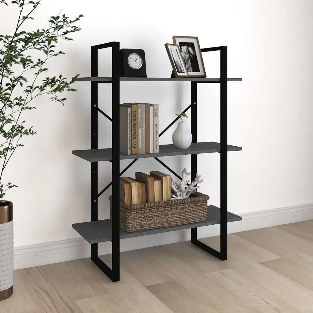 Bibliotecă cu 3 rafturi, gri, 80x30x105 cm, lemn masiv de pin