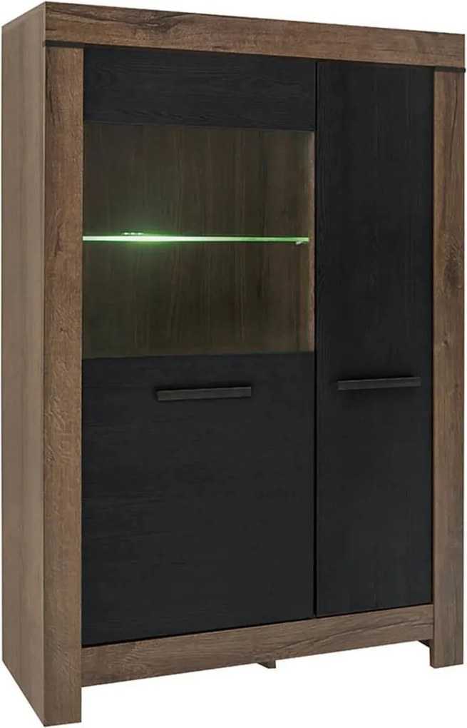 Vitrina BALIN, stejar/negru, PAL/sticla, cu iluminare LED, 101x40x149