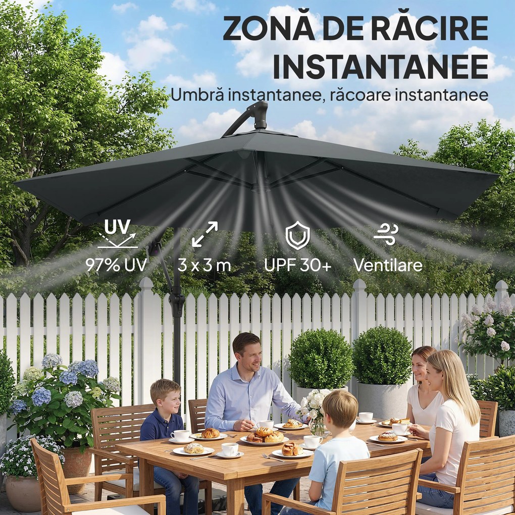 Outsunny Umbrelă de Grădină Offset 3x3 m, Umbrelă de Exterior cu Greutăți Reumplibile, Bază în Formă de Cruce, Sistem de Blocare, Manivelă, pentru Piscină Terasă, UV 30+, Gri Închis | Aosom Romania