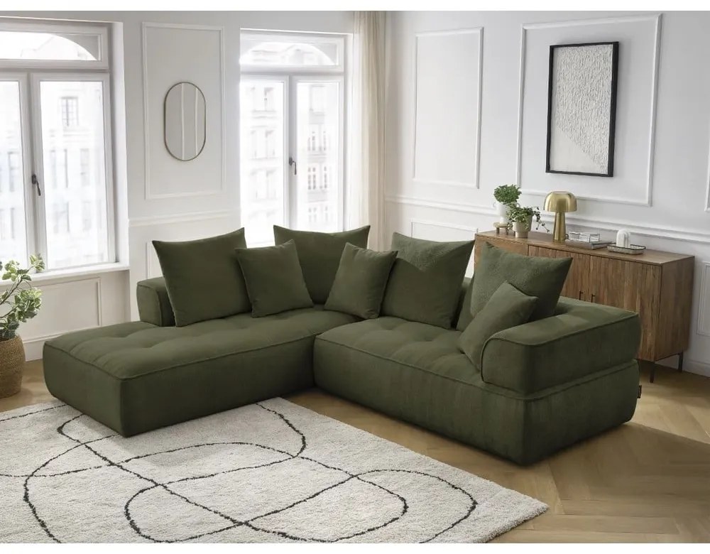 Colțar verde cu tapițerie din chenille (cu colț pe partea stângă/în formă de ”L”) Whesley – Bobochic Paris