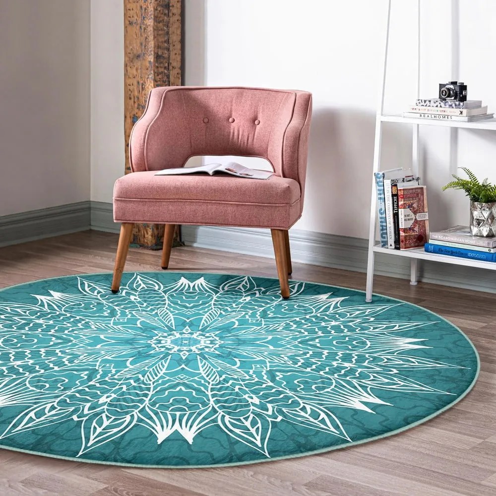 Covor rotund turcoaz lavabil adecvat și pentru aspiratoare robot ø 100 cm Comfort – Mila Home