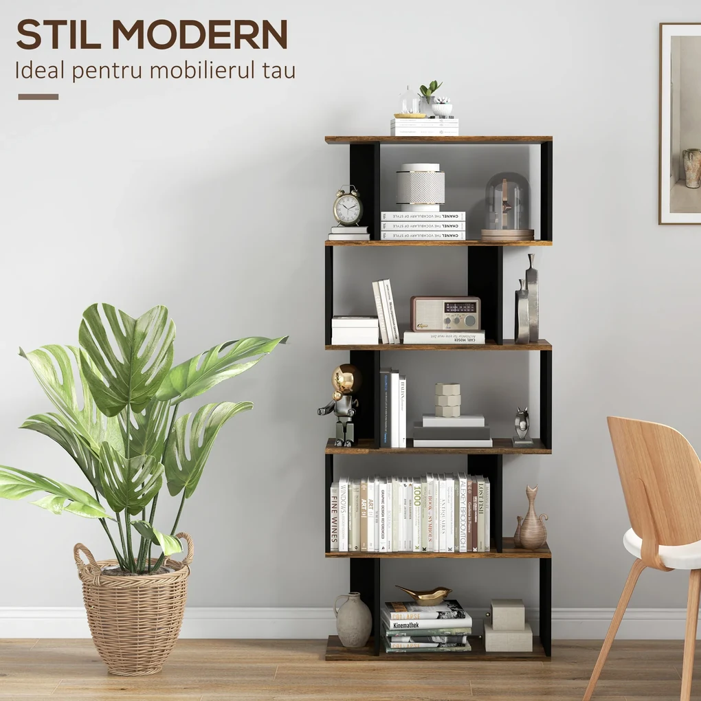 HOMCOM Biblioteca Moderna cu 5 Nivele, 10 Rafturi de Depozitare Deschise pentru Camera de Zi, Biroul de Studiu de Acasa, Maro Rustic | Aosom Romania