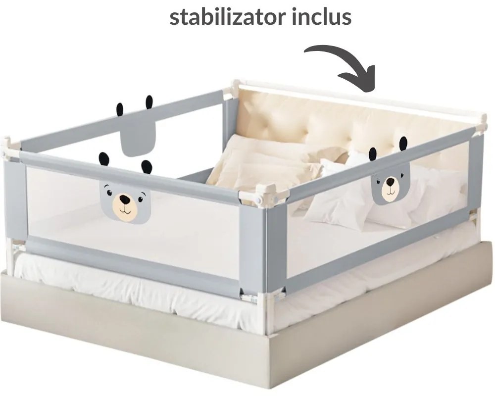 Set 3 bariere protectie pat culisante XXL + STABILIZATOR pentru pat 180x200 cm Kidizi Funny Bear Grey, certificare EN71, inaltime ajustabila 72-100 cm
