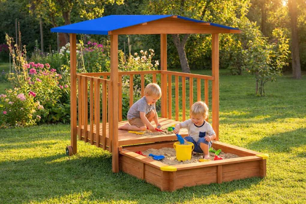 Groapa cu nisip cu verandă SUNNY, 130x130x143cm, maro/albastră Jurhan