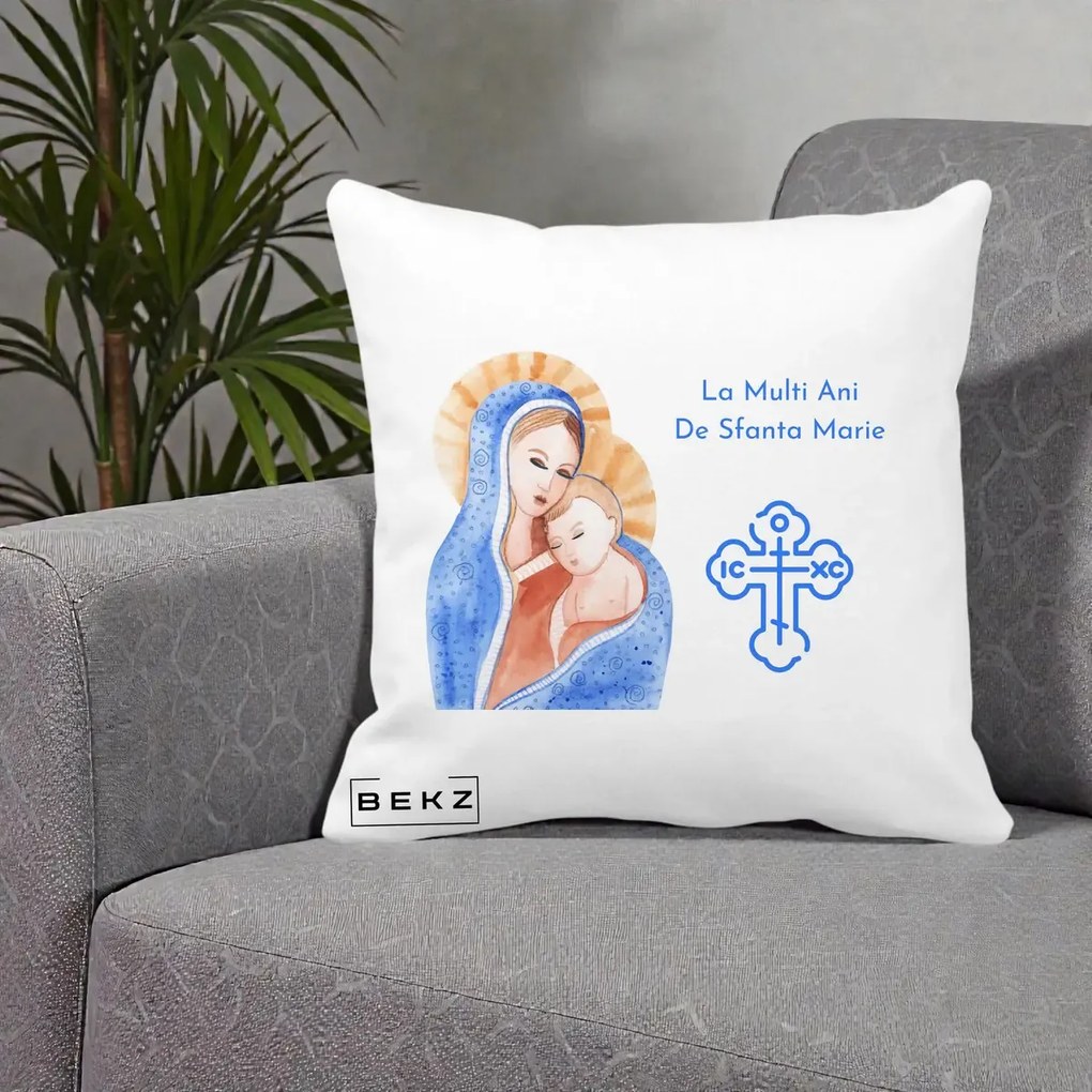 Cadou de Onomastica - Perna Personalizata Sfanta Marie Icoana Acuarela, 40x40 cm, Alba Mata, Husa Detasabila, Perna Inclusa, BEKZ®