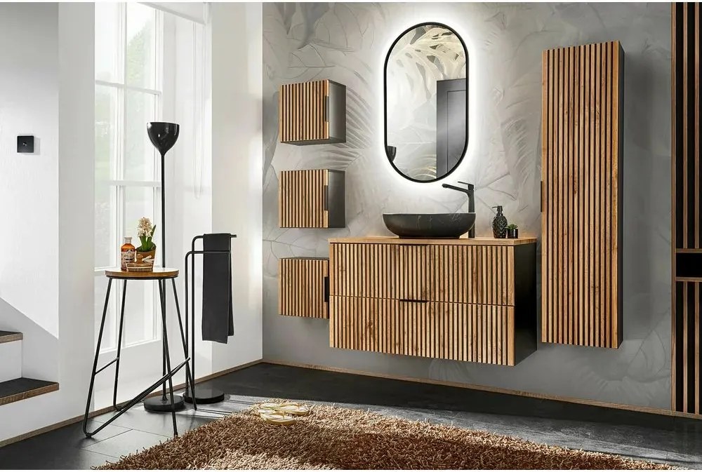 Set mobilier baie 100 cm 8 piese Comad Xilo stejar Wotan si gri piatra