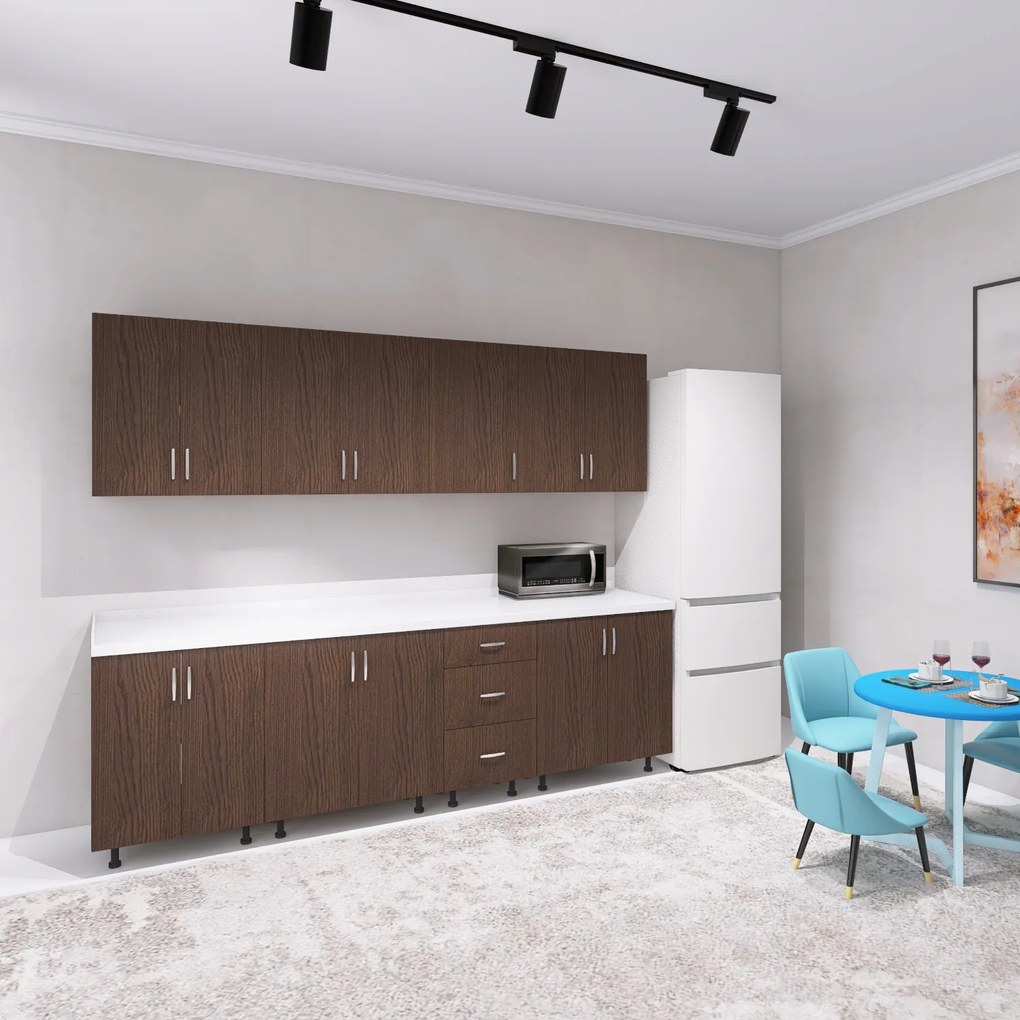 Bucatarie 260 cm Lungime, Material PAL 18mm, Culoare Wenge, Blat termorezistent 2.8 cm Grosime
