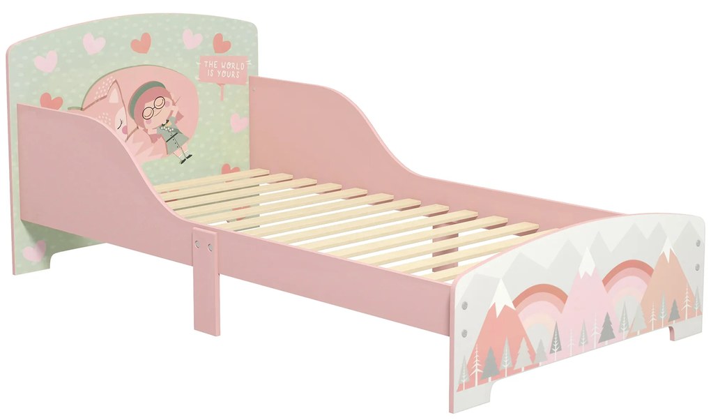 ZONEKIZ Pat pentru Copii 3-6 Ani cu Margini Înălțate și Model cu Animale, 77x143x60 cm, Roz | Aosom Romania