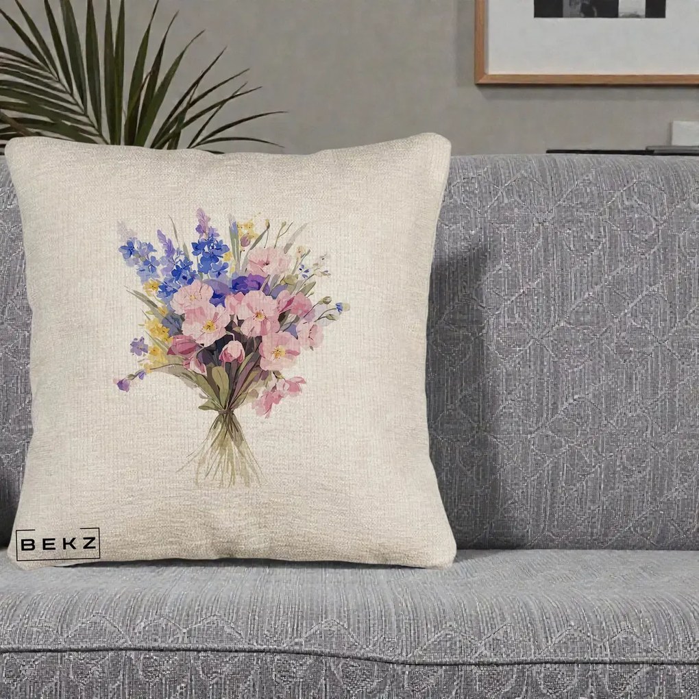 Perna Decorativa Buchet Floral Acuarela Primavara, 40x40 cm, Bej Canapea, Husa Detasabila, Perna Inclusa, BEKZ®
