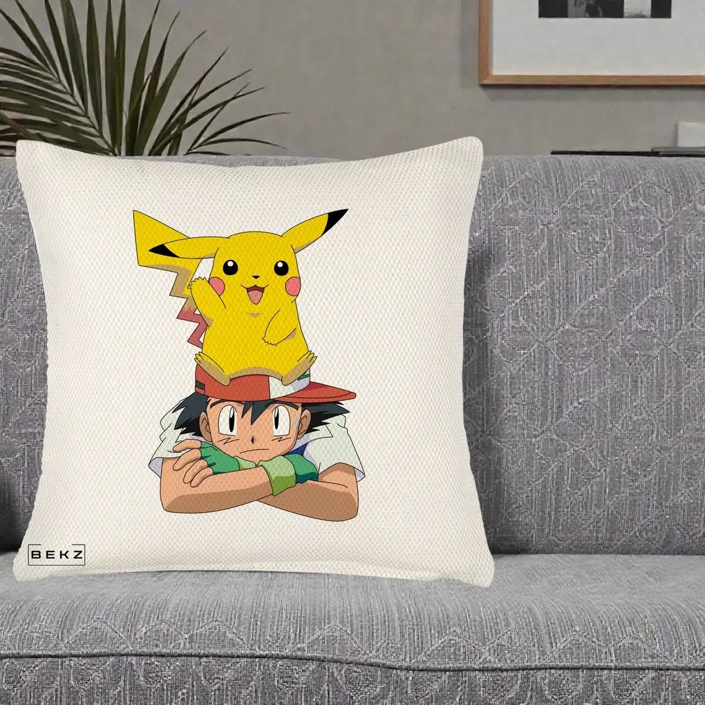 Perna Personalizata Ash si Pikachu, 40x40 cm, Crem Reliefat, Husa Detasabila, Perna Inclusa, BEKZ®