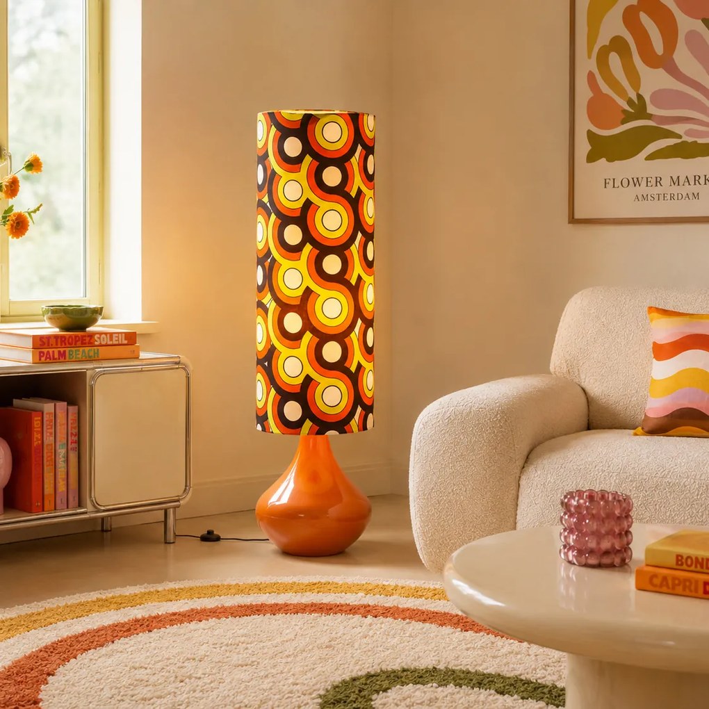 Lampă de podea retro portocalie cu abajur textil multicolor - Mina