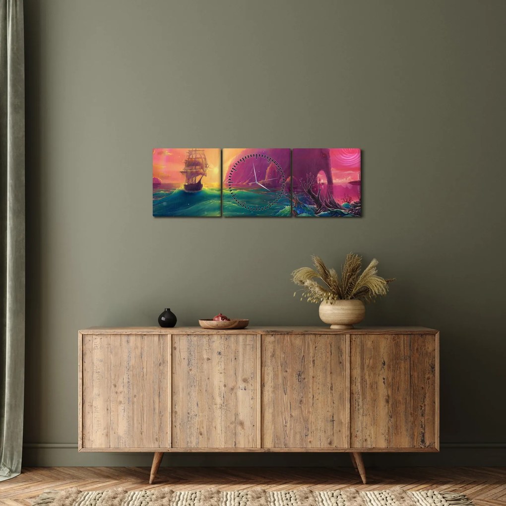 Tablou - Pictură în ulei, călătorie într-un țărăm fantastic (cu ceas) (90x30 cm)