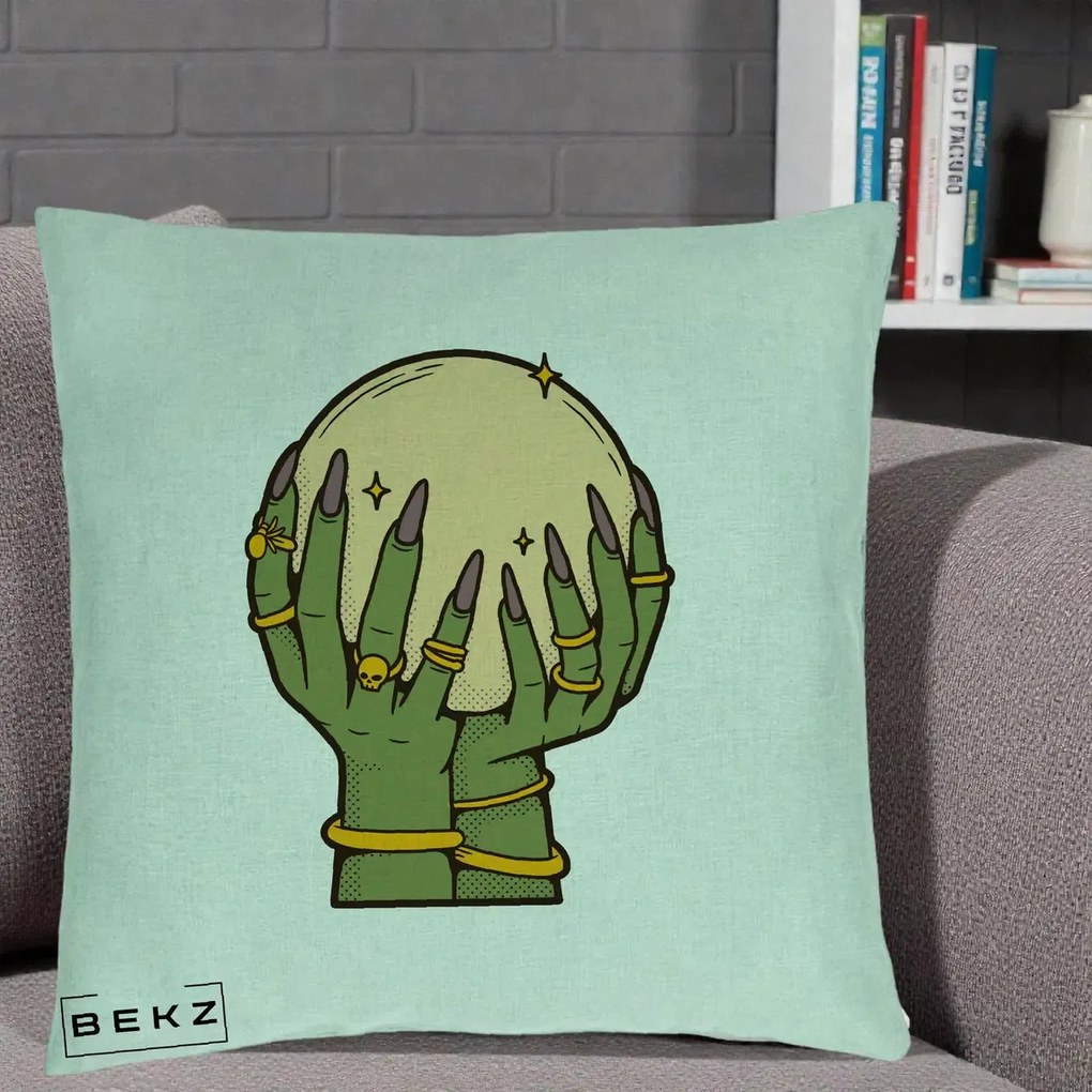 Perna Decorativa Halloween Maini Vrajitoare cu Glob de Cristal, 40x40 cm, Verde Menta, Husa Detasabila, Perna Inclusa, BEKZ®