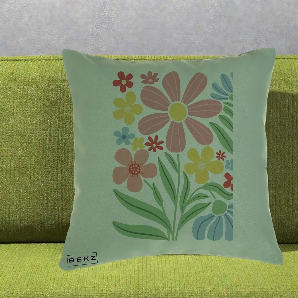 Perna Decorativa Flori Grafice Roz Pastel, 40x40 cm, Verde, Husa Detasabila, Perna Inclusa, BEKZ®