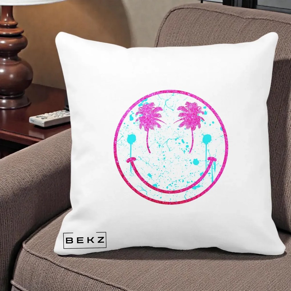 Perna Decorativa Smiley Face Tropical Glitter Roz, 40x40 cm, Alba Mata, Husa Detasabila, Perna Inclusa, BEKZ®
