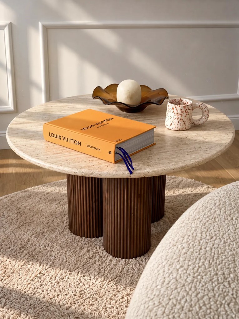 Măsuță de cafea rotundă Massia 80 cm pentru living - travertin / nuc