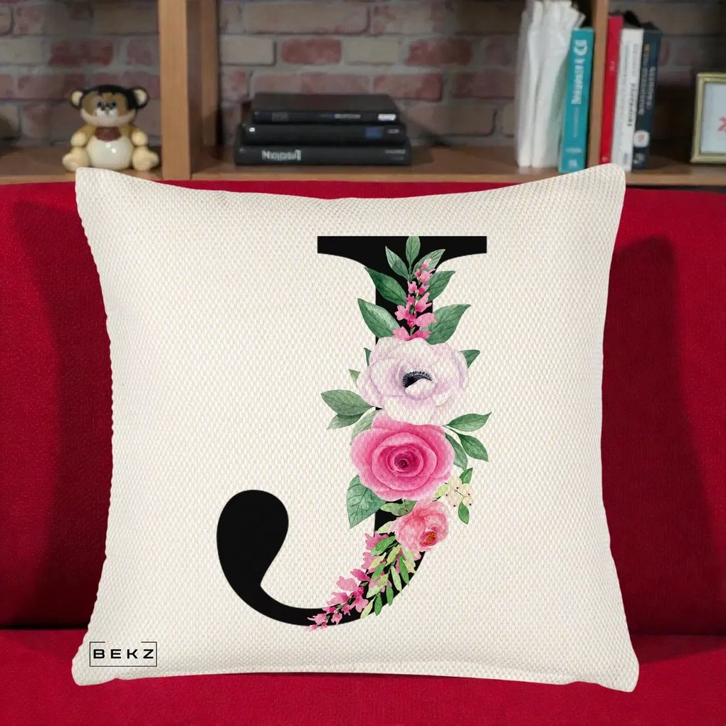Cadou Personalizat - Perna Personalizata Monograma Florala Litera J, 40x40 cm, Crem Reliefat, Husa Detasabila, Perna Inclusa, BEKZ®
