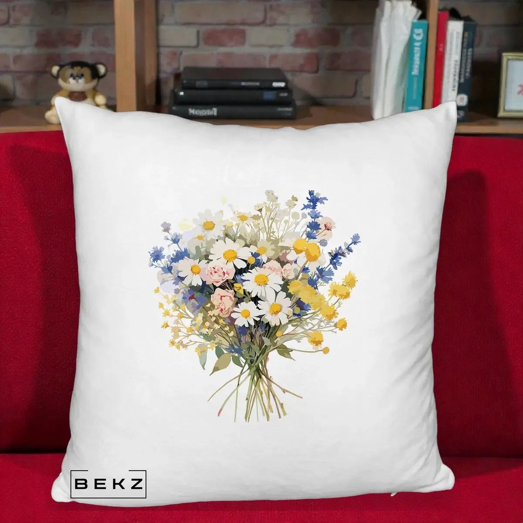 Perna Decorativa Buchet Camp Acuarela Margarete-Lavanda, 40x40 cm, Alb Pufos, Husa Detasabila, Perna Inclusa, BEKZ®