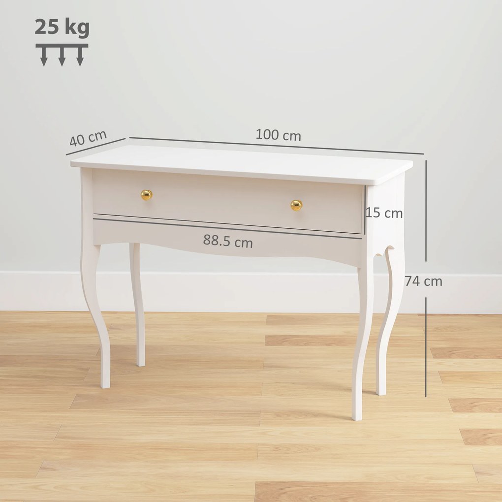 HOMCOM Masă de Toaletă Elegantă cu Sertar Spațios din Lemn Alb 100x40x74 cm | Aosom Romania