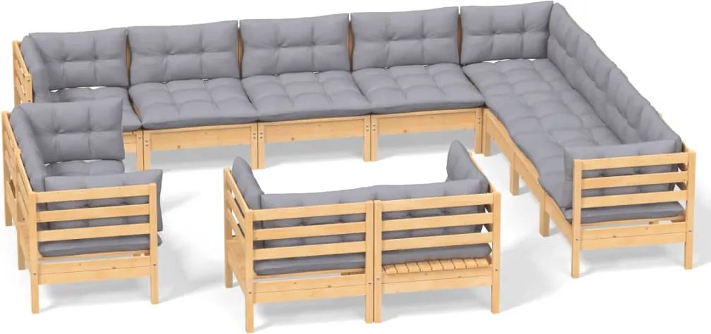 vidaXL Set mobilier grădină cu perne, 12 piese, gri, lemn masiv pin