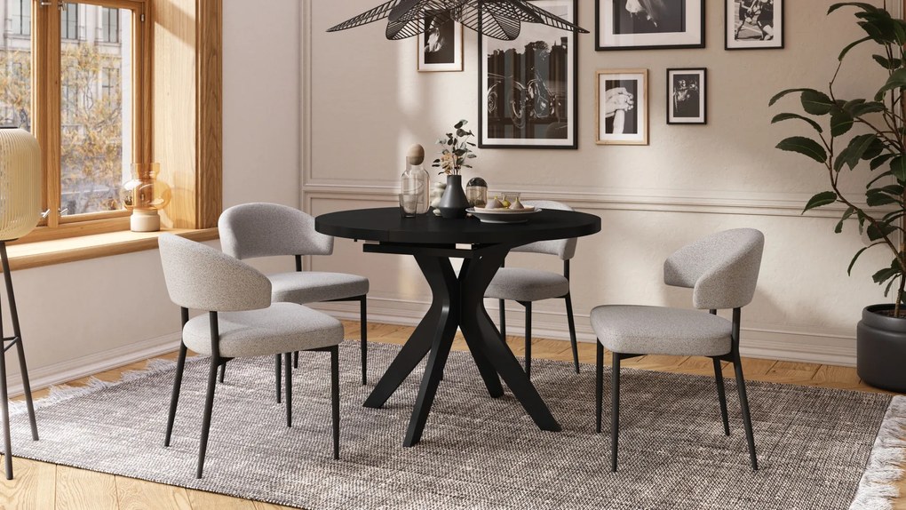 Mazzoni RENZO Negru - MASĂ ROTUNDĂ Ø110 EXTENSIBILĂ PÂNĂ LA 180 cm | PENTRU BUCĂTĂRIE SUFRAGERIE LIVING RETRO