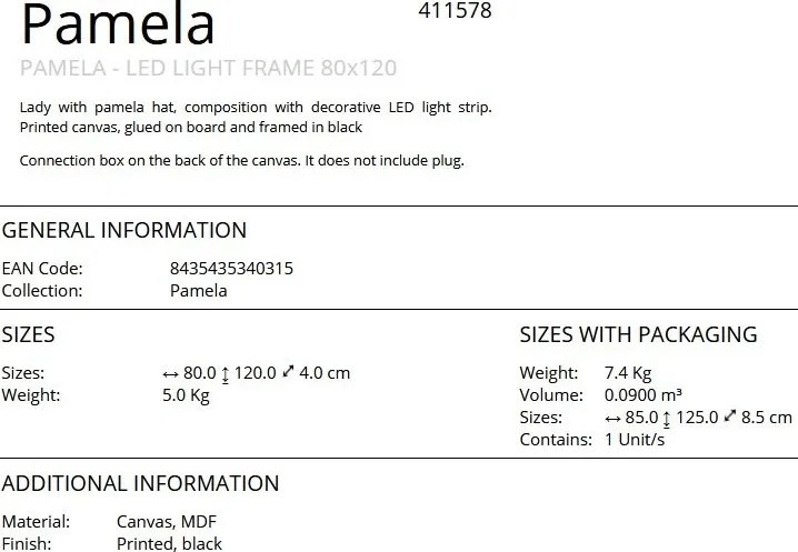 Tablou cu iluminat LED imprimat pe panza Pamela 80x120cm