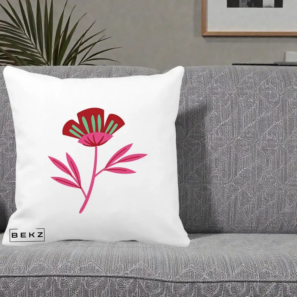 Perna Decorativa Floare Macul Roz-Rosu Grafic, 40x40 cm, Alba Mata, Husa Detasabila, Perna Inclusa, BEKZ®