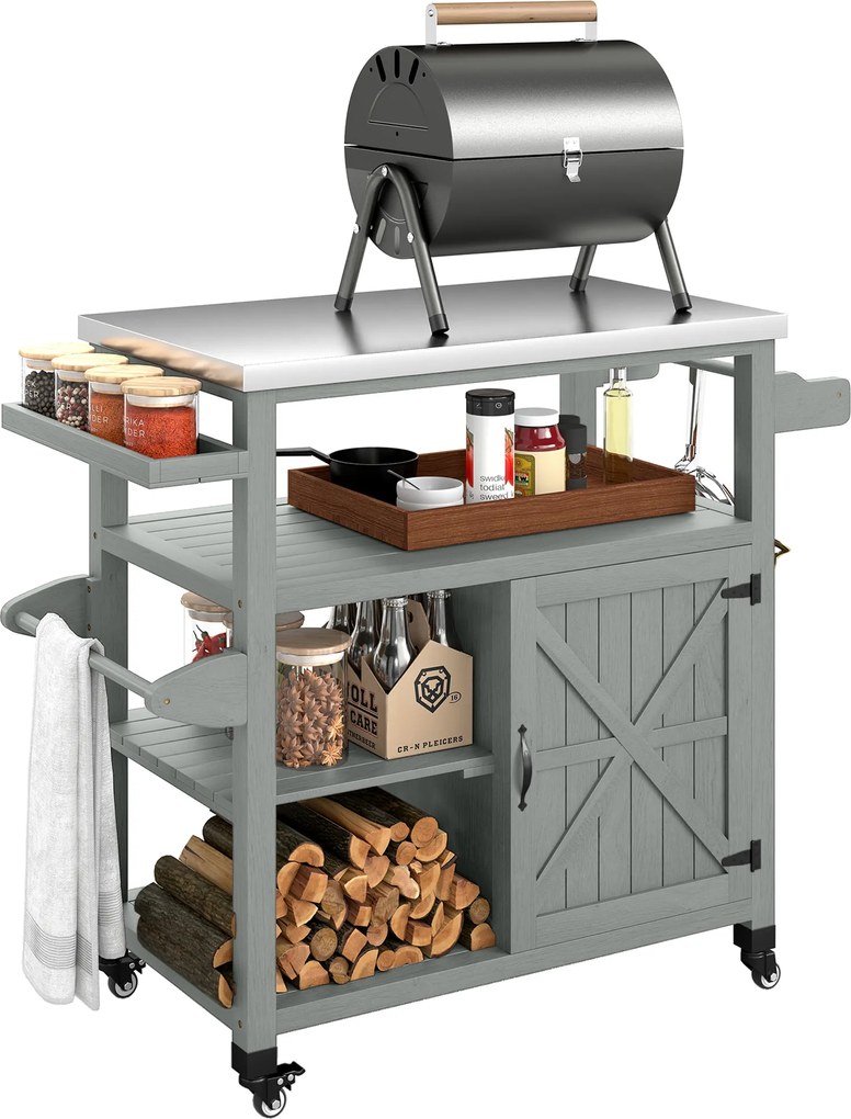 Outsunny Servantă de grădină căruț pentru grătar pe roți cu blat din oțel inoxidabil 107x49,5x92,5cm gri | Aosom Romania