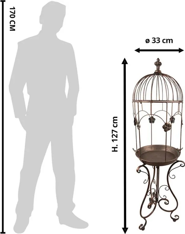 Colivie decorativă din metal, finisaj maro antichizat, cu motive florale și păsărele, Ø 39x127 cm