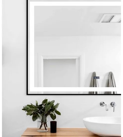 Oglindă Baie LED și Dezaburire Elit's Premium cu Senzor Touch, Lumina Rece, Caldă și Neutră, 100x65cm, cu rama Negru Antichizat, Ceas