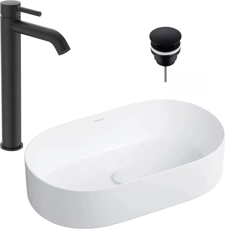 Pachet lavoar pe blat Omnires Mesa alb 53.5 cm, baterie lavoar Ideal Standard Ceraline negru si ventil lavoar Click-Clack D negru