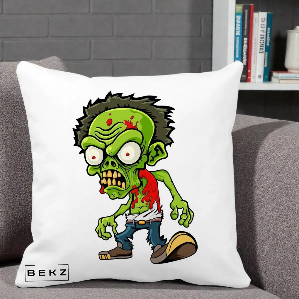 Perna Decorativa Zombie Halloween, 40x40 cm, Alba Mata, Husa Detasabila, Perna Inclusa, BEKZ®