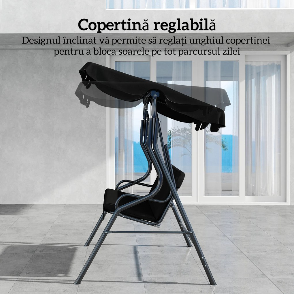 Outsunny Balansoar de Grădină 3 Locuri cu Acoperiș Reglabil și Perne Moi din Poliester, Capacitate 240 kg, 170x110x153 cm, Negru | Aosom Romania