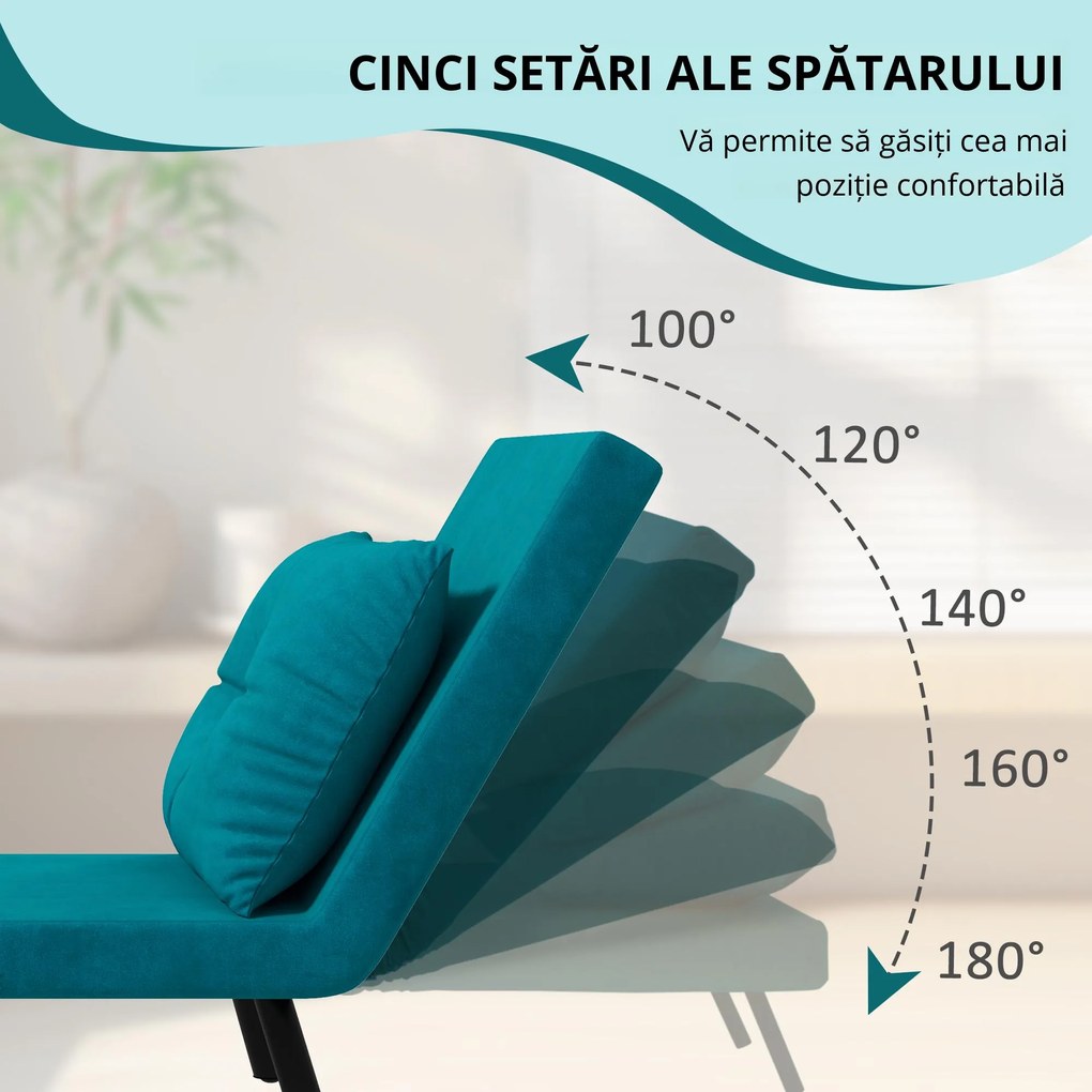 HOMCOM Canapea Extensibilă cu Spătar Reglabil pe 5 Nivele, Canapea Pat Individuală Pliabilă cu Perne, 63x73x81 cm, Albastru | Aosom Romania