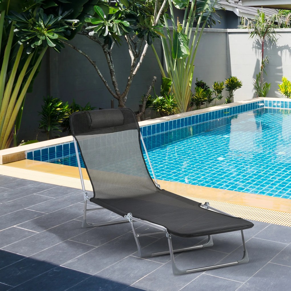 Outsunny Șezlong Pliabil cu Spătar Reglabil pe 5 Nivele și Pernă, Șezlong de Grădină cu Material Respirabil Textilen, pentru Plajă, Piscină, Grădină, 182x56x28 cm, Negru | Aosom Romania