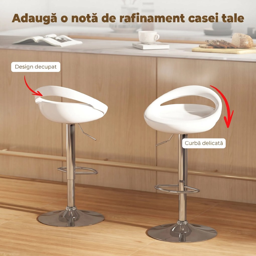 HOMCOM Set 2 Scaune de Bar Rotative cu Suport pentru Picioare și Înălțime Reglabilă, 46x41x76-96 cm, Alb | Aosom Romania