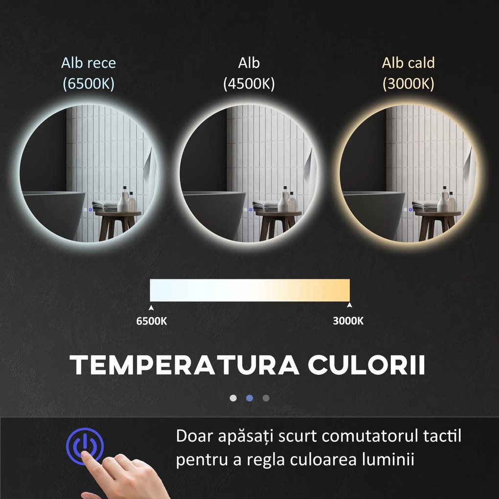 Kleankin Oglinda de Baie Rotunda cu Lumina LED in 3 Culori si intrerupatoare Touch, Ø70x3.5 cm, Transparent | Aosom Romania