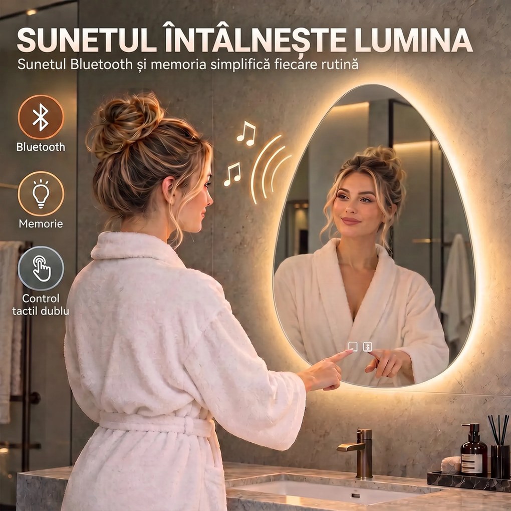 HOMCOM Oglindă de baie cu LED, 3 culori, 50x70 cm, neregulată, Bluetooth, anti-aburire, touch | Aosom Romania