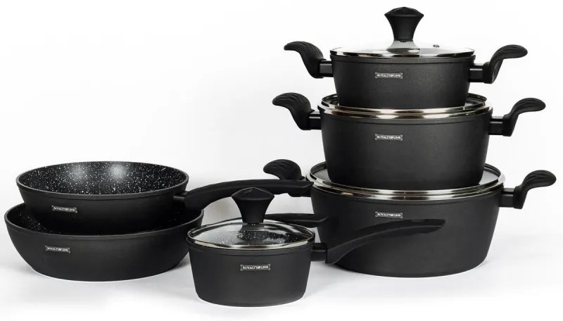 Set oale si tigai Royalty Line FD10, 10 piese, Aluminiu turnat, Acoperire din marmura Greblon, Inductie, Negru