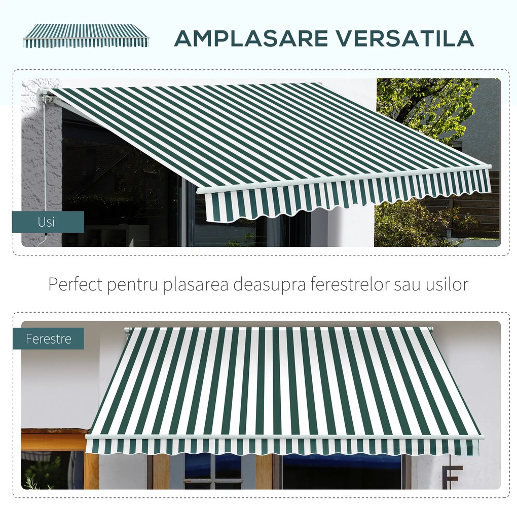 Outsunny Copertina Soare cu Brate de Exterior Reglare cu Manivela, Metal si Poliester, 295x250cm Verde si Alba