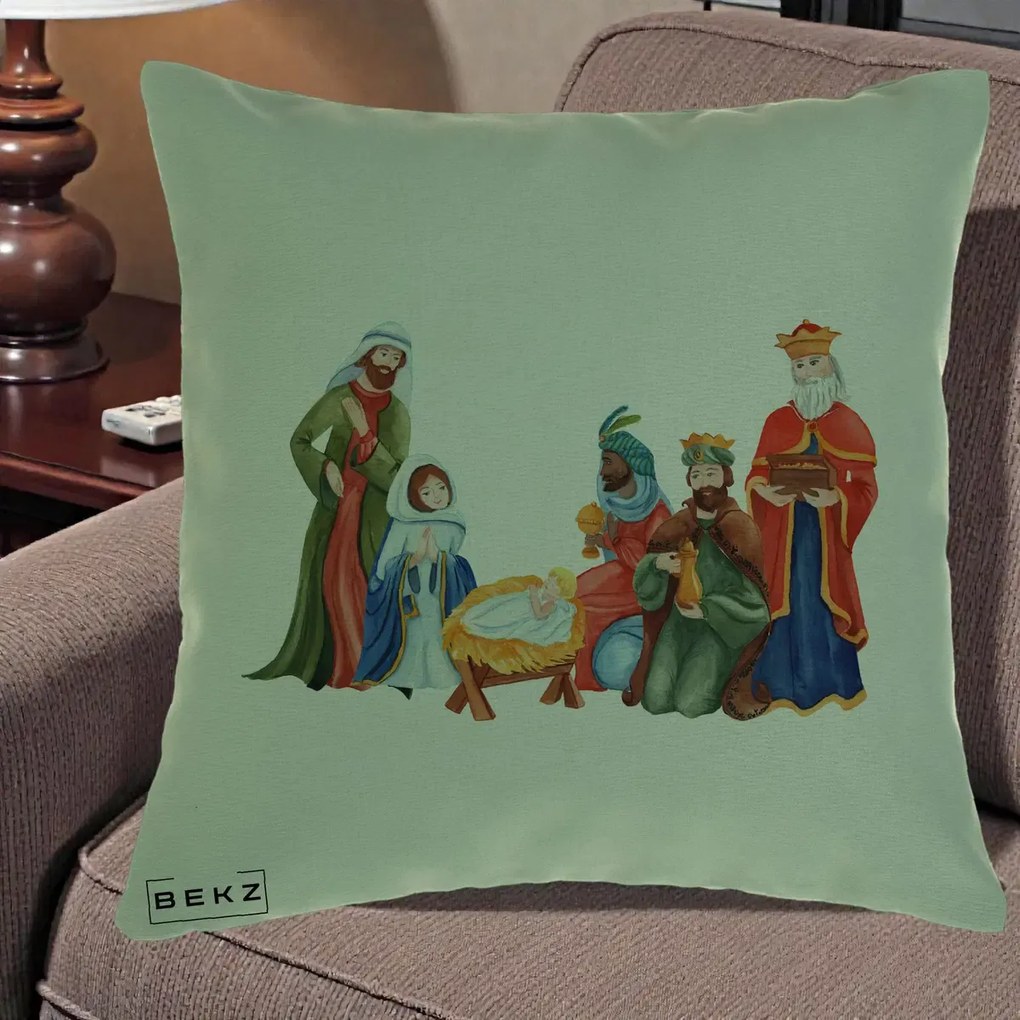Perna Decorativa Nasterea Domnului Cei Trei Magi Acuarela, 40x40 cm, Verde, Husa Detasabila, Perna Inclusa, BEKZ®