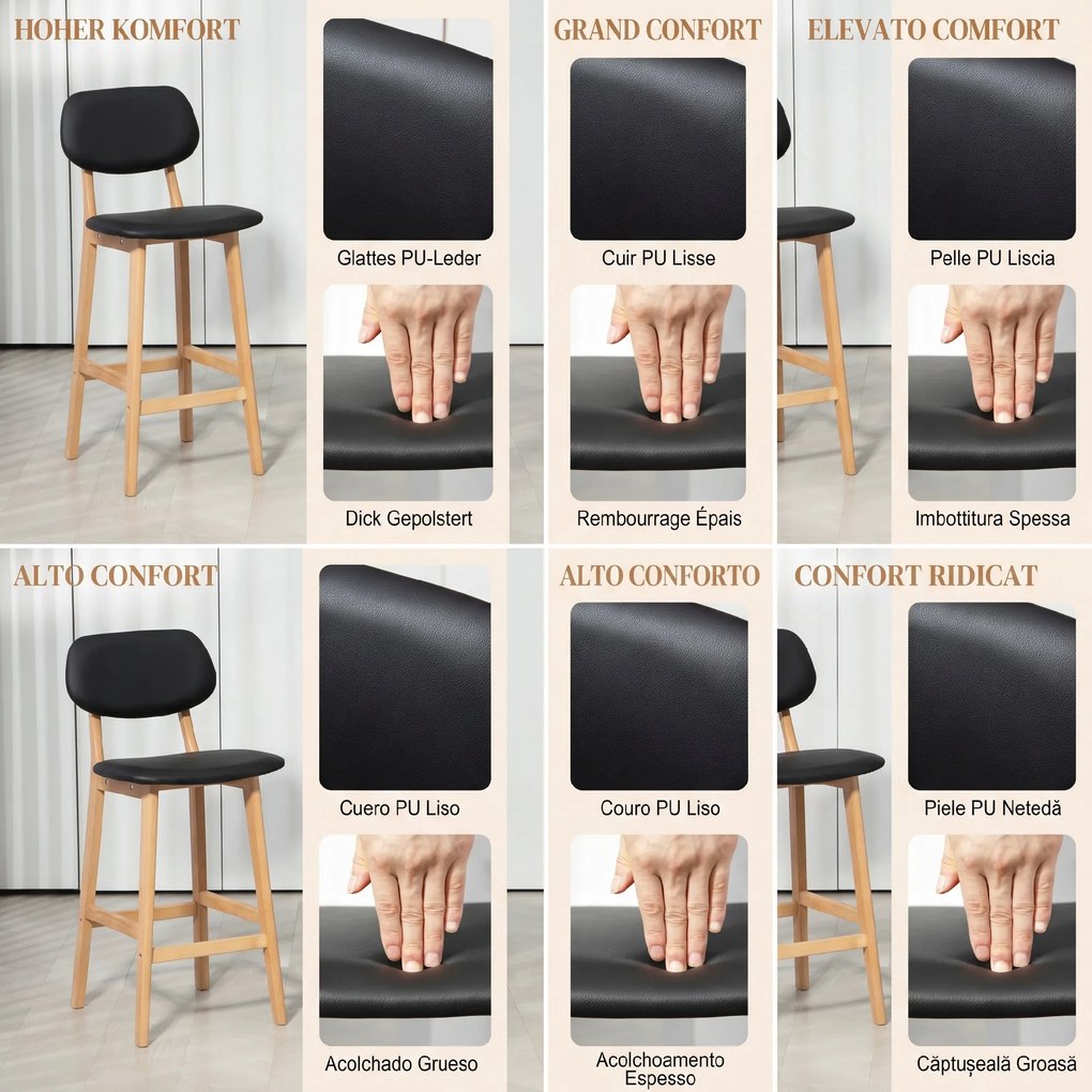 HOMCOM Set 2 Taburete cu Spătar și Tapițerie din Piele Artificială, Taburete Înalte din Lemn, 42x47x92 cm, Negru | Aosom Romania