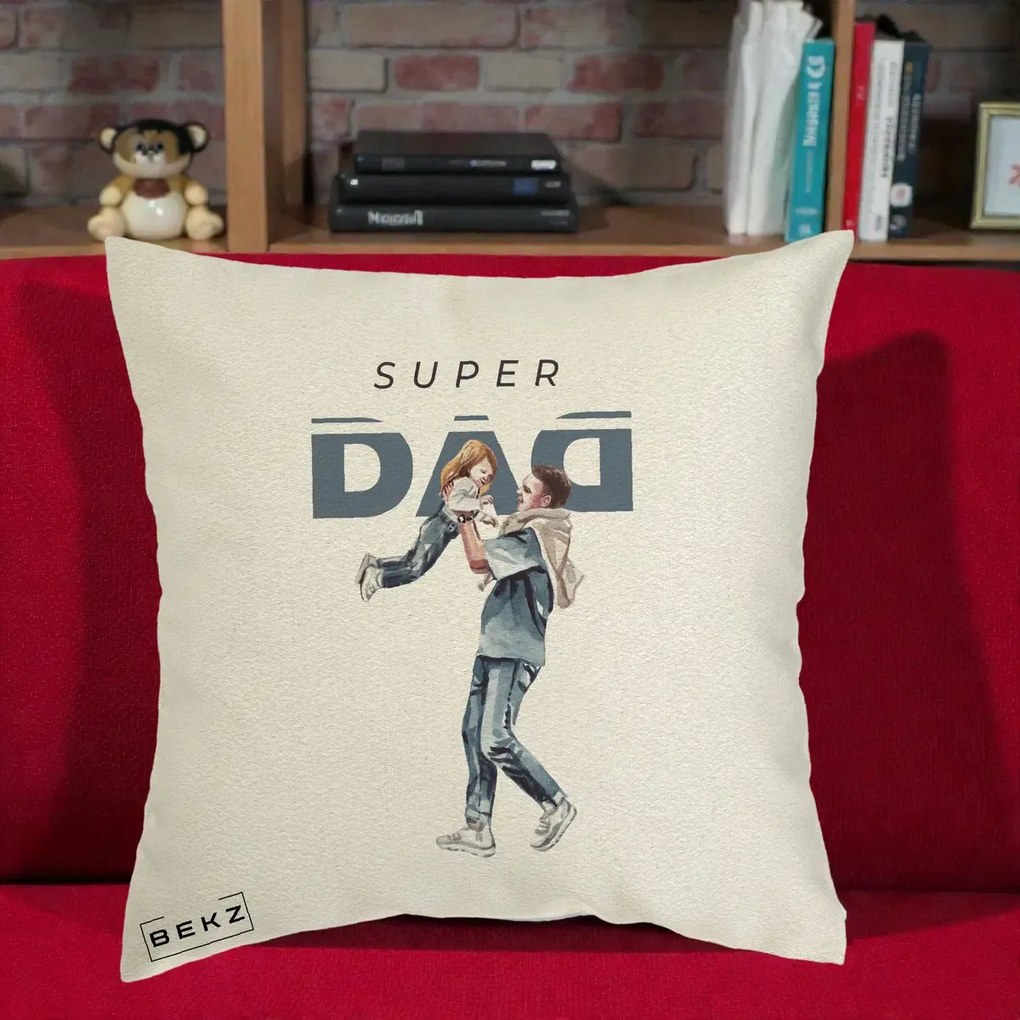 Cadou pentru Tata - Perna Personalizata Super DAD Tata si Fiica, 40x40 cm, Ecru, Husa Detasabila, Perna Inclusa, BEKZ®