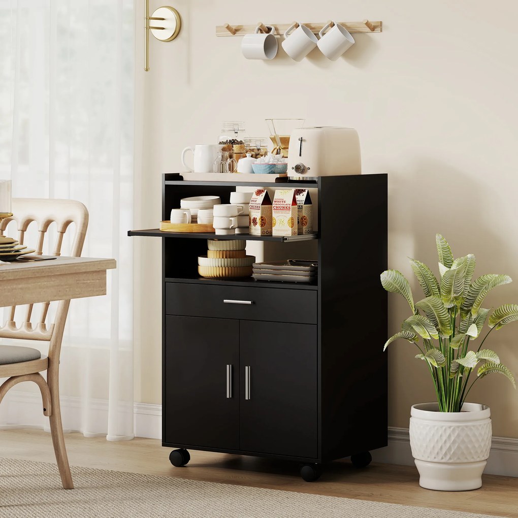 HOMCOM Dulap pentru Cuptorul cu Microunde cu Roți, Bufet de Bucătărie cu Sertar, Blat pentru Aparate, Dulap cu 2 Uși, Raft Retractabil și Raft Deschis, Cărucior de Bucătărie pentru Sufragerie, 59x40x92cm, Negru | Aosom Romania